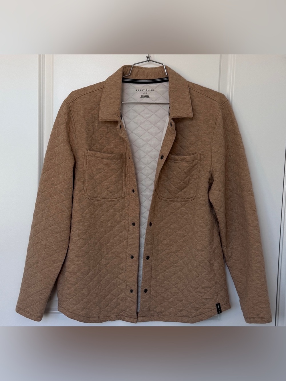 Perry Ellis Camel Heather Diamond Quilted Jacket Mens Brown size L